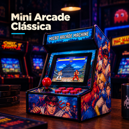 Mini Arcade Clássica com 156 Jogos – Diversão Retro em Tamanho Reduzido